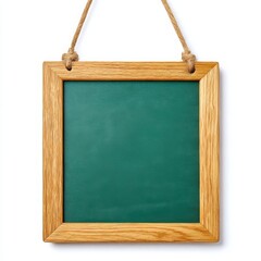 Green board with wooden frame hanging close up short on white background