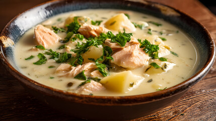 Hearty and Mouthwatering Cullen Skink Soup with Fresh Ingredients in a Rustic Bowl