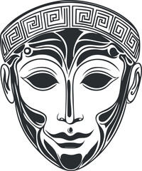 Black and white tribal mask illustration featuring intricate patterns and ornamental headwear