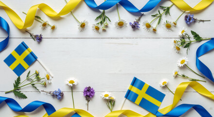 Swedish flags, ribbons and wildflowers flat lay on white wood background. Festive frame composition for Sweden National Day. June 6. Midsummer celebration. Copy space for text.