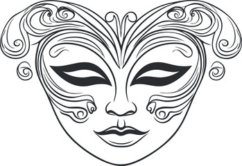 Stylized black and white ornamental mask illustration with swirling decorative patterns and expressive eyes