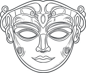 Black and white line art of an ornate tribal mask with symmetrical facial features and decorative patterns