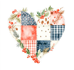 Fototapeta premium Watercolor heart-shaped quilt with holly and mistletoe, isolated on a white background. Vintage illustration in a hand-drawn style.
