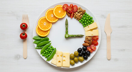 Colorful food and cutlery arranged in the form of a clock on a plate. Intermittent fasting, diet, weight loss, lunch time concept