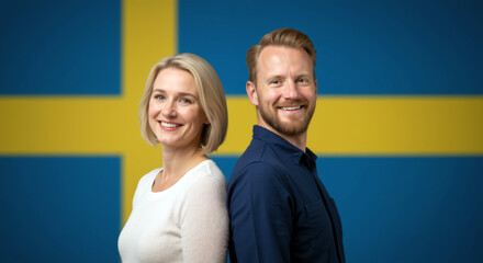 Fototapeta premium Smiling Caucasian couple standing before Swedish flag background. Studio portrait of nlonde middleaged man and woman against Sweden flag backdrop. Sweden National Day concept. 6 June.