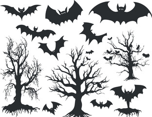Silhouettes of spooky bats flying around bare, eerie trees perfect for Halloween and horror themes