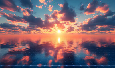 Obraz premium Vibrant sunset over a calm ocean, reflecting colorful clouds and serene atmosphere