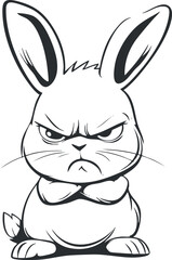 Fototapeta premium Black and white cartoon illustration of an angry bunny with crossed arms and a grumpy expression.
