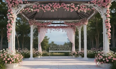 Pink & white floral banners adorn a metal gazebo  Outdoor setting , pink, gazebo, daytime