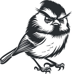 Monochrome stylized illustration of an angry bird with detailed feathers and claws in vector format