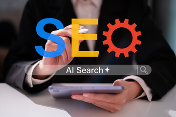 Businessman working SEO search engine optimization web cyberspace marketing strategy technology data combine with ai artificial intelligence concept website content traffic computer research keyword