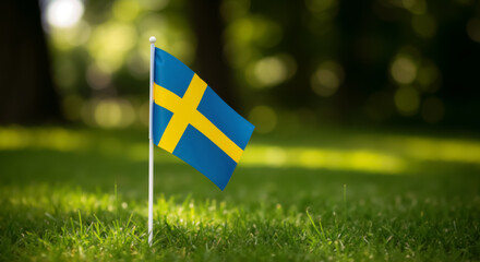 Small Swedish flag standing in green grass outdoors. Miniature flag decoration for Sweden National Day June 6 celebration
