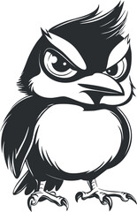 Black and white cartoon illustration of an angry bird with a fierce expression and spiky feathers.