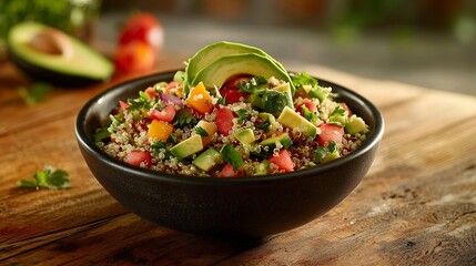 Vibrant quinoa salad with avocado, tomatoes, and fresh vegetables displayed