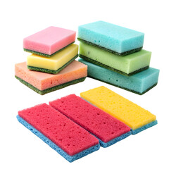 Colorful Cleaning Sponges: Kitchen Cleaning Supplies, Dishwashing Sponges, Multicolored Cellulose Sponges on transparent background