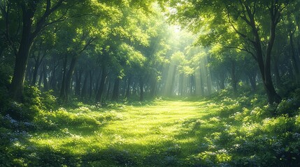 Obraz premium Sunlit Forest Path with Lush Green Grass and Light Rays
