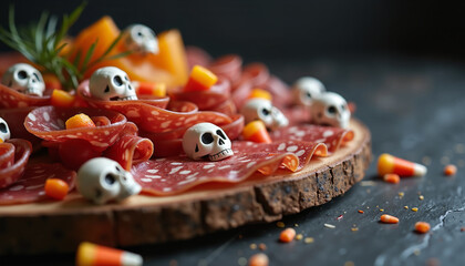 Halloween-themed charcuterie board with skulls and candy  