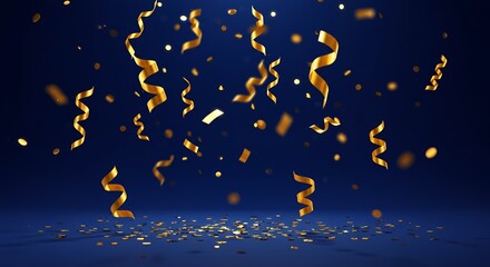 Fototapeta premium Gold confetti falling against dark blue background