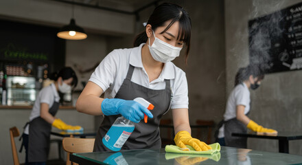 Restaurant Hygiene: Workers Cleaning Tables with Masks & Gloves - Safety First! Sanitization, Disinfection, Cleanliness, Cafe, Protection