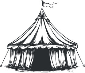 Black and white vintage illustration of a large striped circus tent with a flag on top, showing an open entrance. © vadymstock