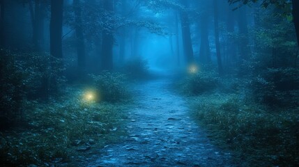Fototapeta premium Mystical forest path illuminated by ethereal lights at night.