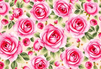Naklejka premium Watercolor pink rose floral seamless pattern, vintage style, bloom, pretty