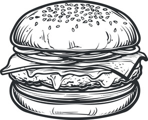 Hand drawn black and white illustration of a classic cheeseburger with bun, cheese, and patty