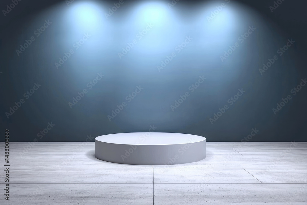 Poster minimalist round platform is illuminated by soft blue lights against dark wall, creating serene and modern atmosphere perfect for showcasing products or performances