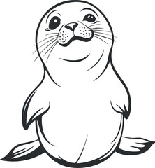 Black and white illustration of a cute smiling seal pup with whiskers and flippers sitting facing forward.