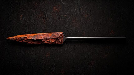 A rusty spear with a black handle.