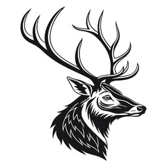 Black and White Deer Head Profile with Intricate Antlers on White