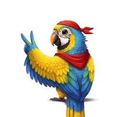 Fototapeta premium Vibrant Parrot Character Wearing Red Bandana and Making Peace Sign in Colorful Illustration