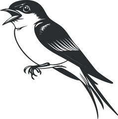 Black and white vector illustration of a perched swallow bird with detailed feathers and open beak