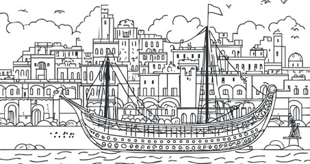 Obraz premium Black and white line art illustration of a traditional sailing ship docked at a historic harbor with city buildings in the background