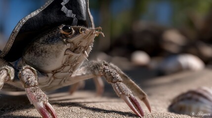 Obraz premium Funny crab wearing a pirate hat on a sandy beach