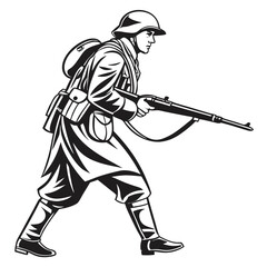 Soldier Silhouette Marching Armed, Detailed Black and White in Profile View