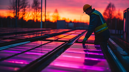 Worker inspecting vibrant solar panels at sunset, showcasing renewable energy innovation