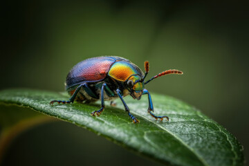 Fototapeta premium Iridescent Beetle Perched on Leaf with Lush Green Background in Nature's Glow