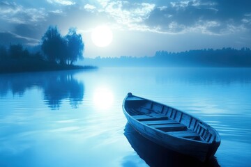 Obraz premium Calm Backgrounds. Mystical Sea Landscape with Blue Tones and Silhouette Boat on Horizon