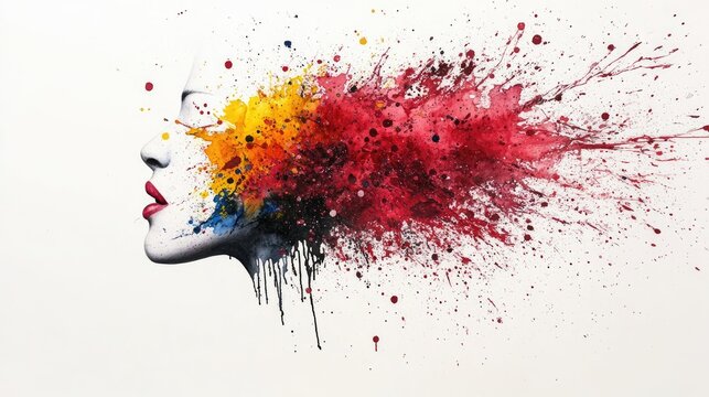 20. Watercolor abstract self-portrait with chaotic yet harmonious splashes of color on an absolutely white background.