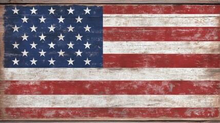 Vintage Distressed American Flag Painted on Rustic Wooden Planks in Patriotic Colors