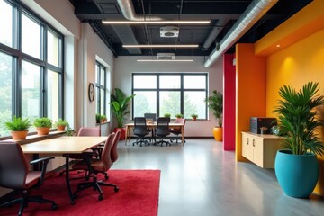 Vibrant office space with colorful decor and modern furniture, showcasing creative workspaces , office, productivity, creativity