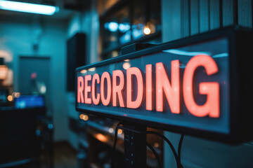 Illuminated 'Recording' Sign in a Cozy Studio Setting with Warm Ambient Light