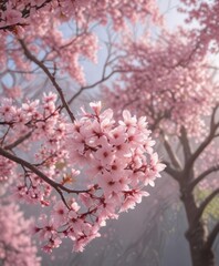 Soft pink sakura petals gently descend, blurred tree branches in background ,  delicate,  tree branch