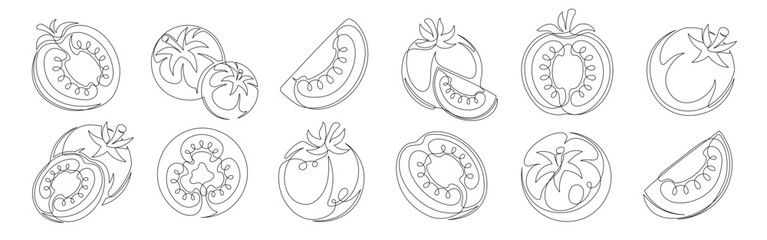Tomato continuous one line drawing icon set. Editable stroke. Outline tomato vegetable collections isolated on a white background. Vector illustration