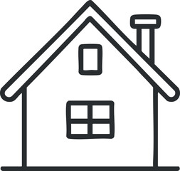 Simple black and white line drawing of a house with roof, chimney, and windows representing home and shelter