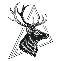 Elegant Black Silhouette of Stag Head with Antlers Framed by Geometric Triangle Shape