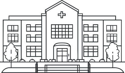 Outline illustration of a hospital building with cross symbol entrance and surrounding trees