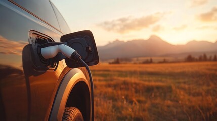 Electric vehicle charging in a field with mountains in the background at sunset.