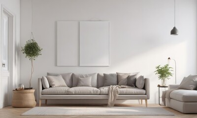 Fototapeta premium Stylish white wall with hanging poster, minimalist living room setting, image, hanging